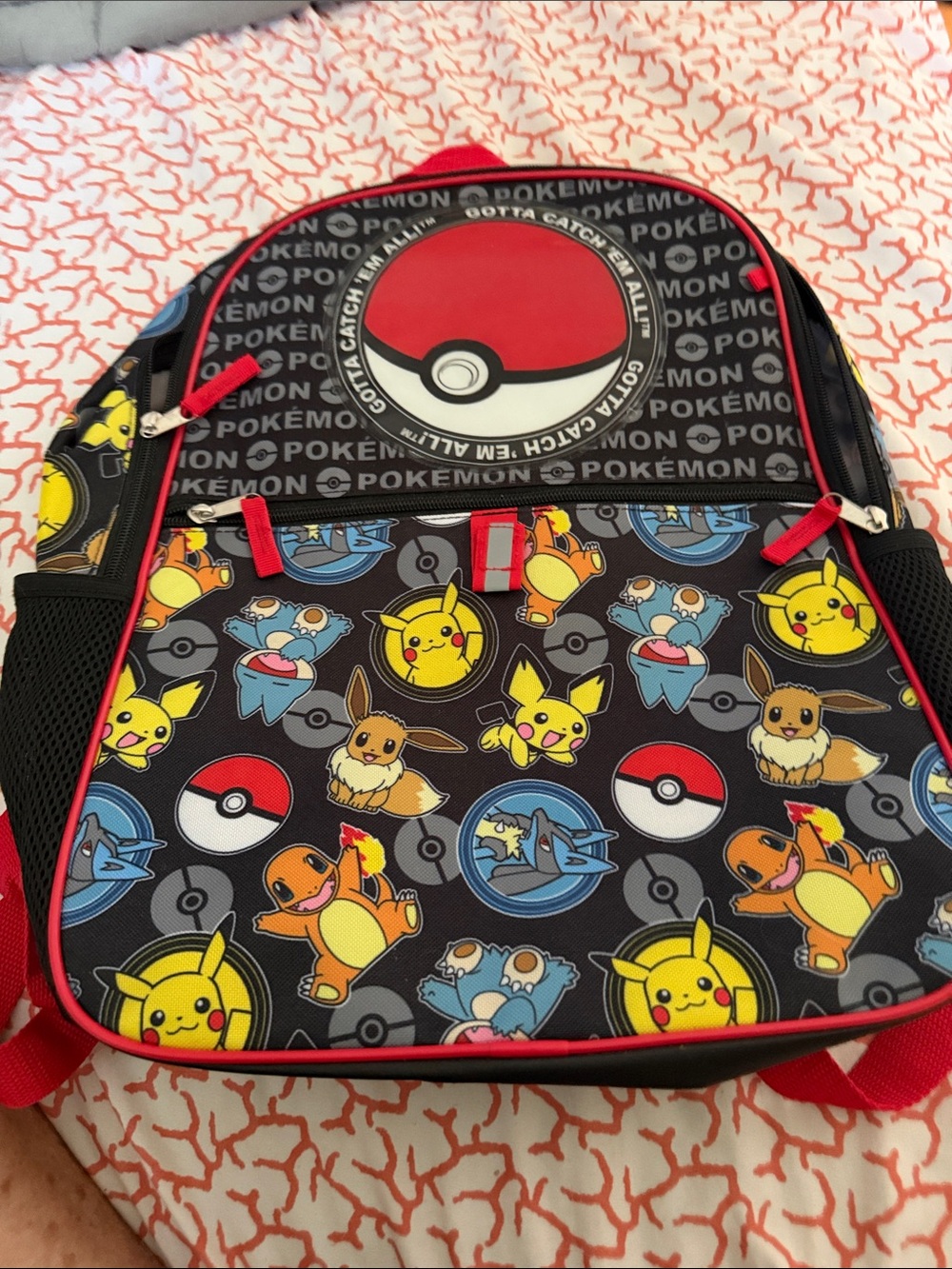 Pokemon Kids Backpack with Pikachu, Charmander, Eevee - Black & Red